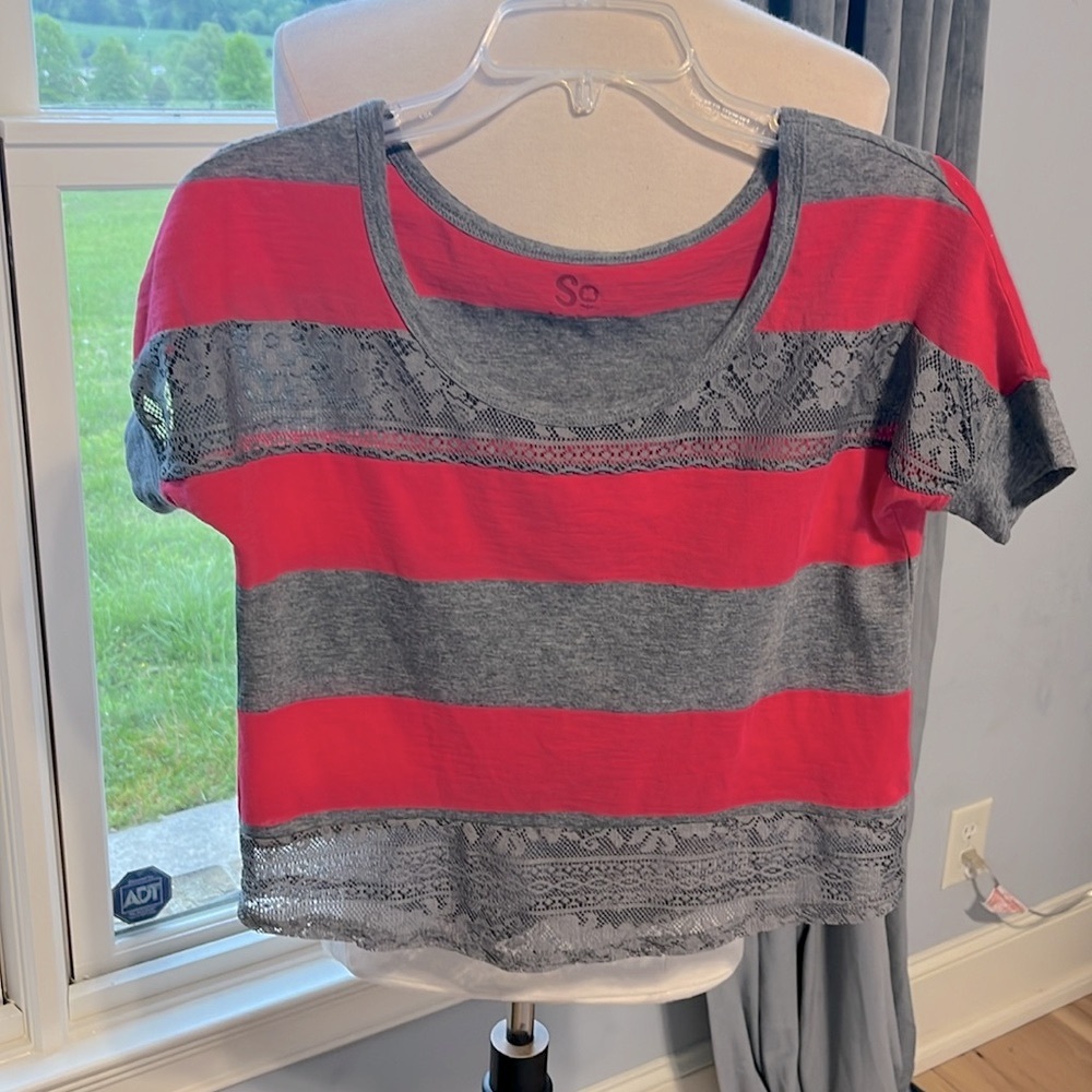Ponk Gray Lace Knit Cotton Striped Oversized Small Top